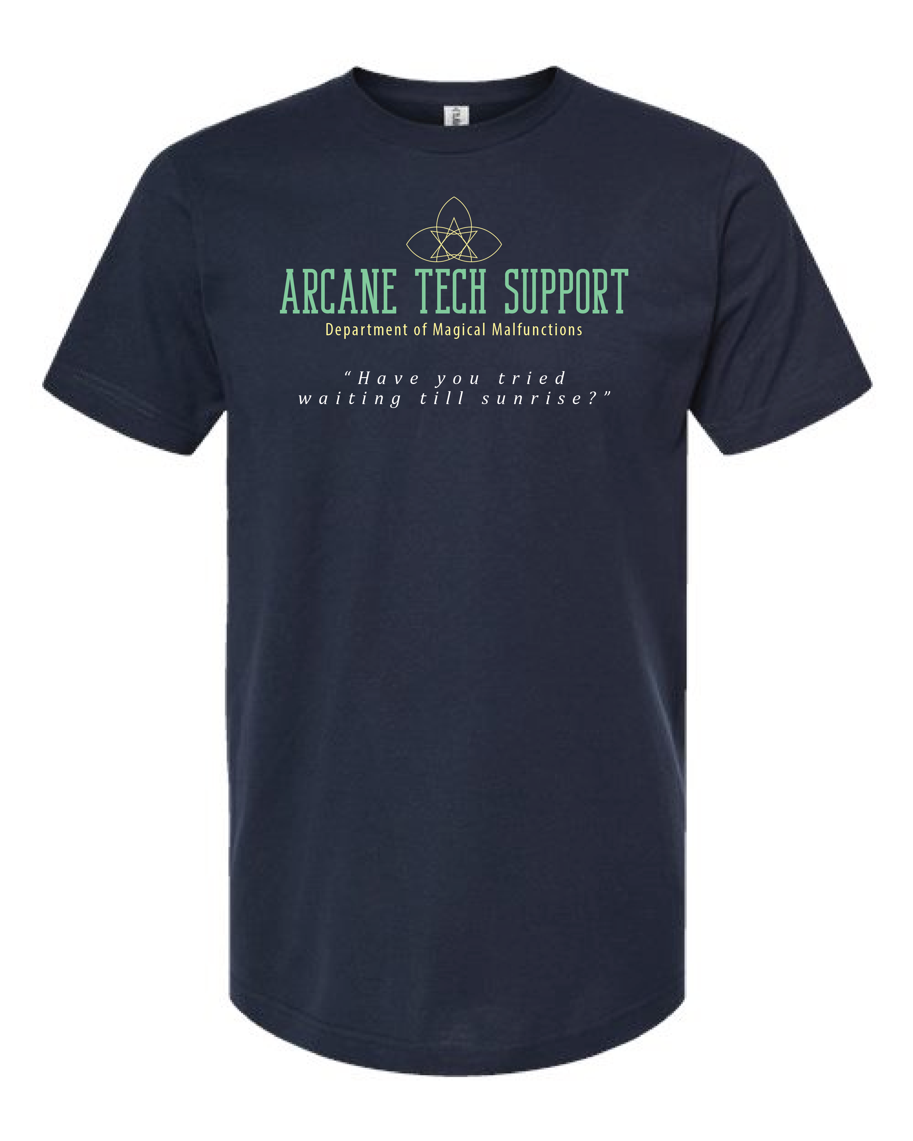 Nerd Enough Arcane Tech Support graphic t-shirt, Department of Magical Malfunctions design