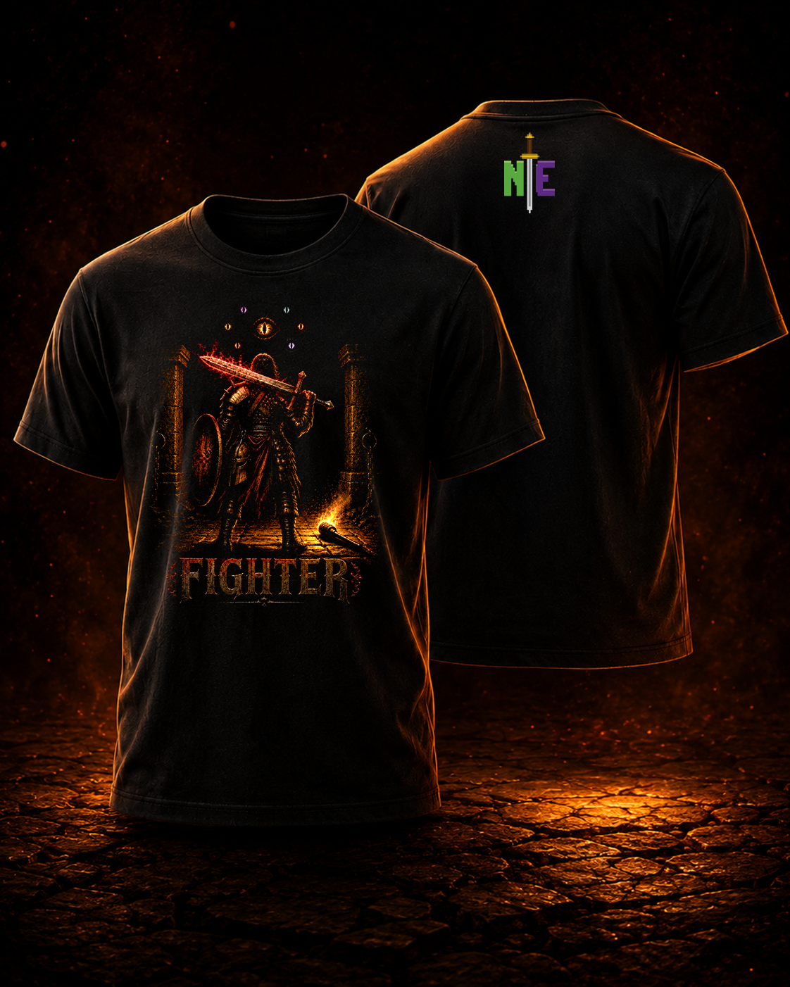 Nerd Enough Fighter D&D RPG class graphic t-shirt mockup, front and back