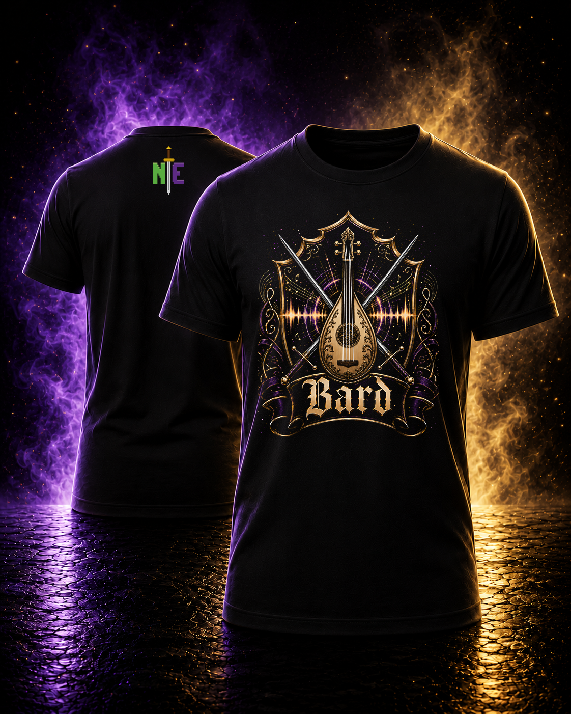 Nerd Enough Bard D&D RPG class graphic t-shirt mockup, front and back
