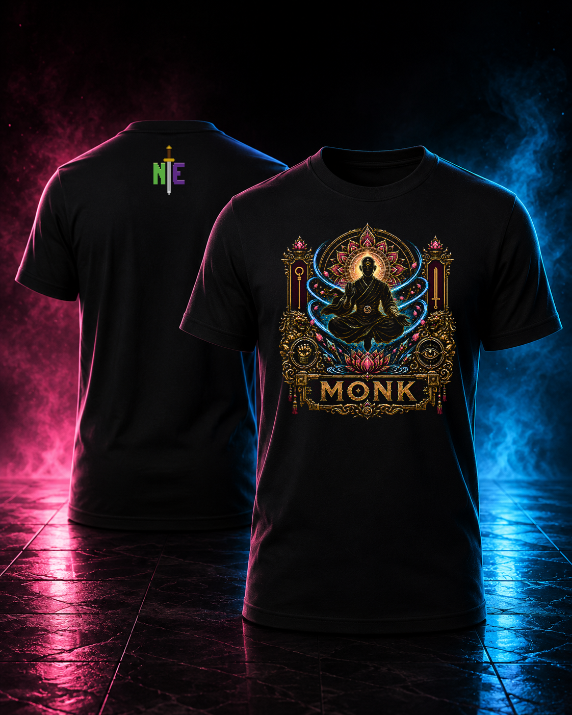 Nerd Enough Monk D&D RPG class graphic t-shirt mockup, front and back