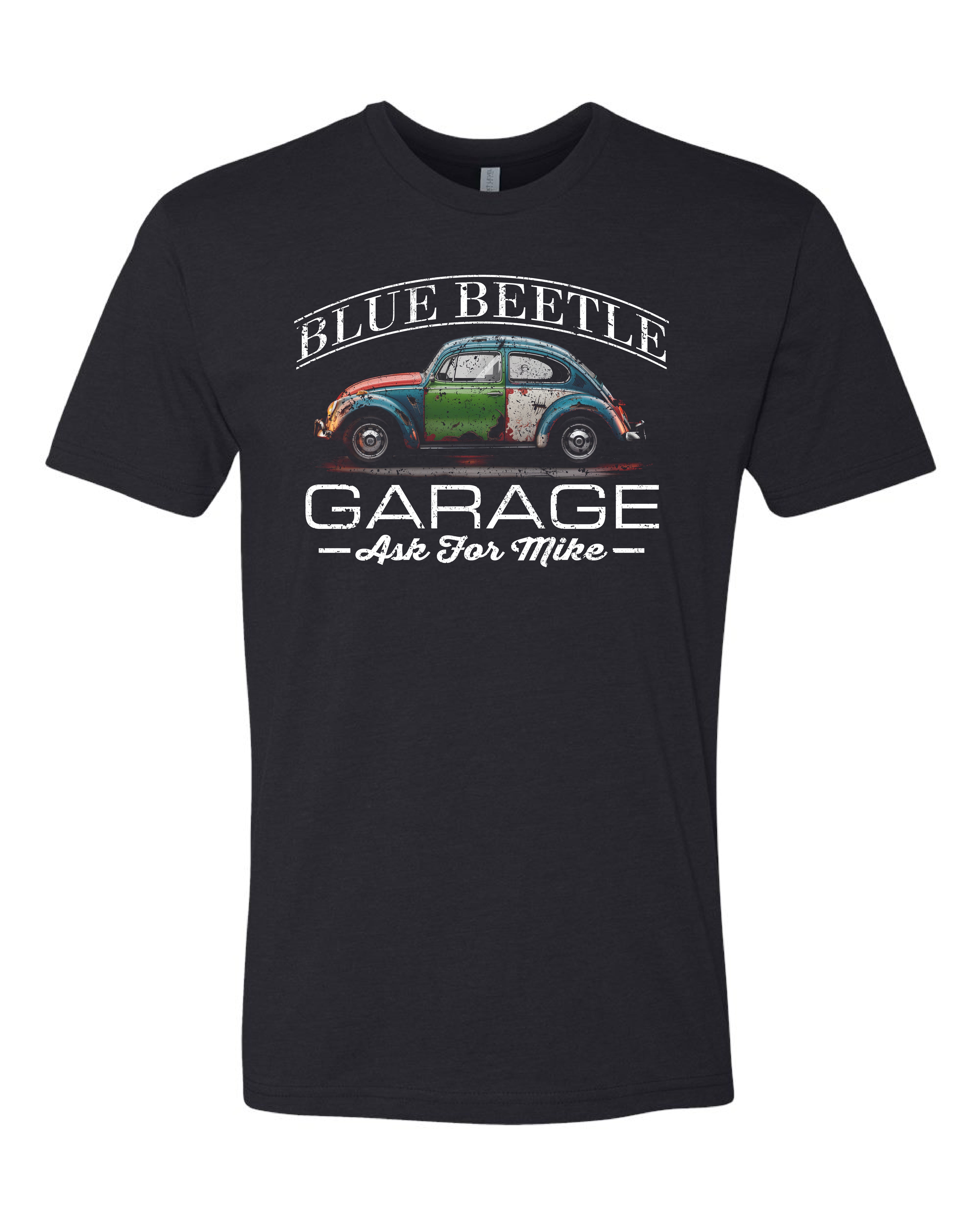 Nerd Enough Blue Beetle Garage distressed tee design