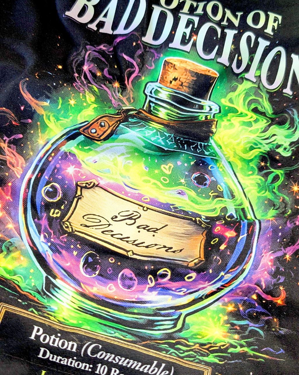 Nerd Enough Potion of Bad Decisions graphic tee close-up