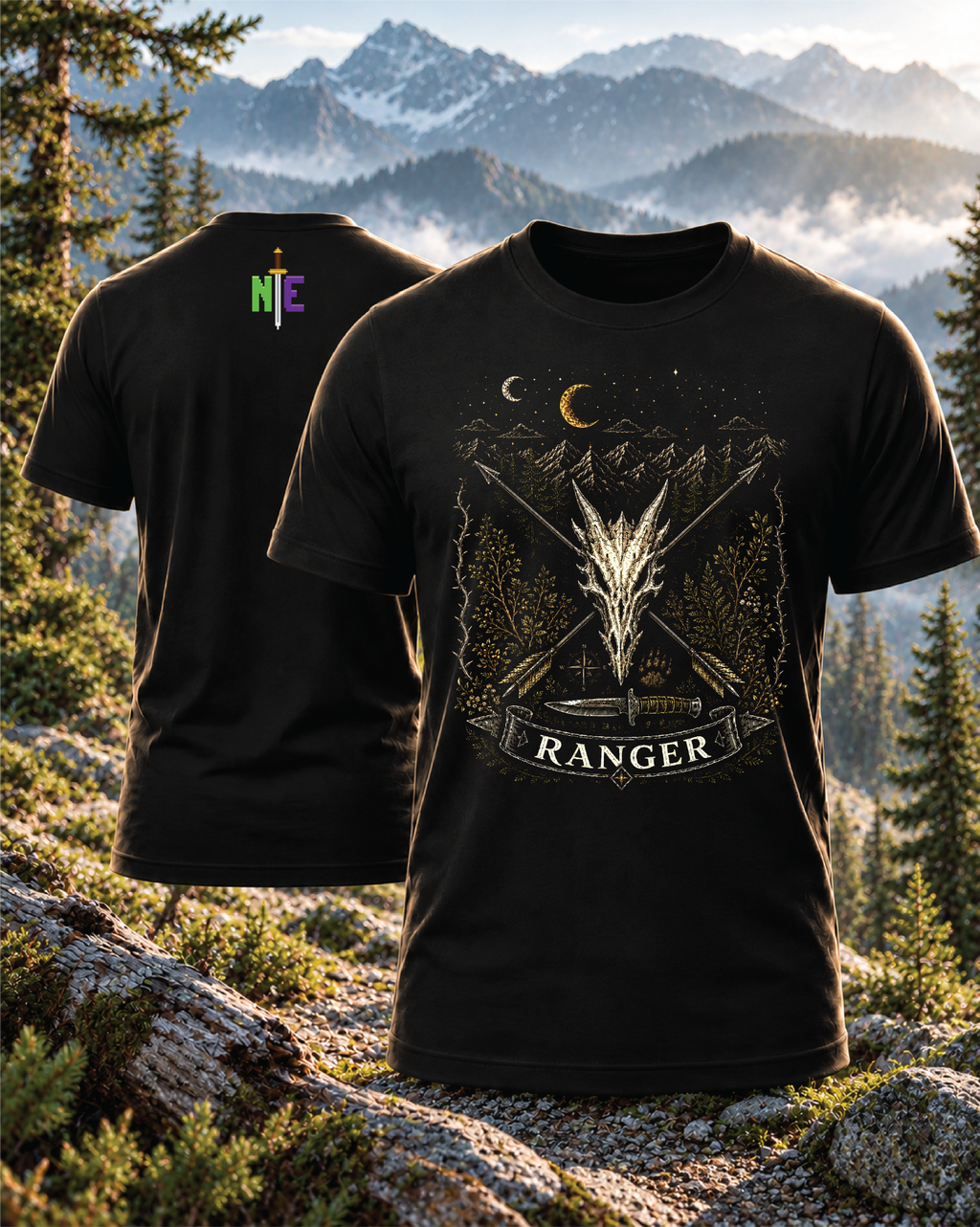 Nerd Enough Ranger black graphic T-shirt, front and back against a mountain forest