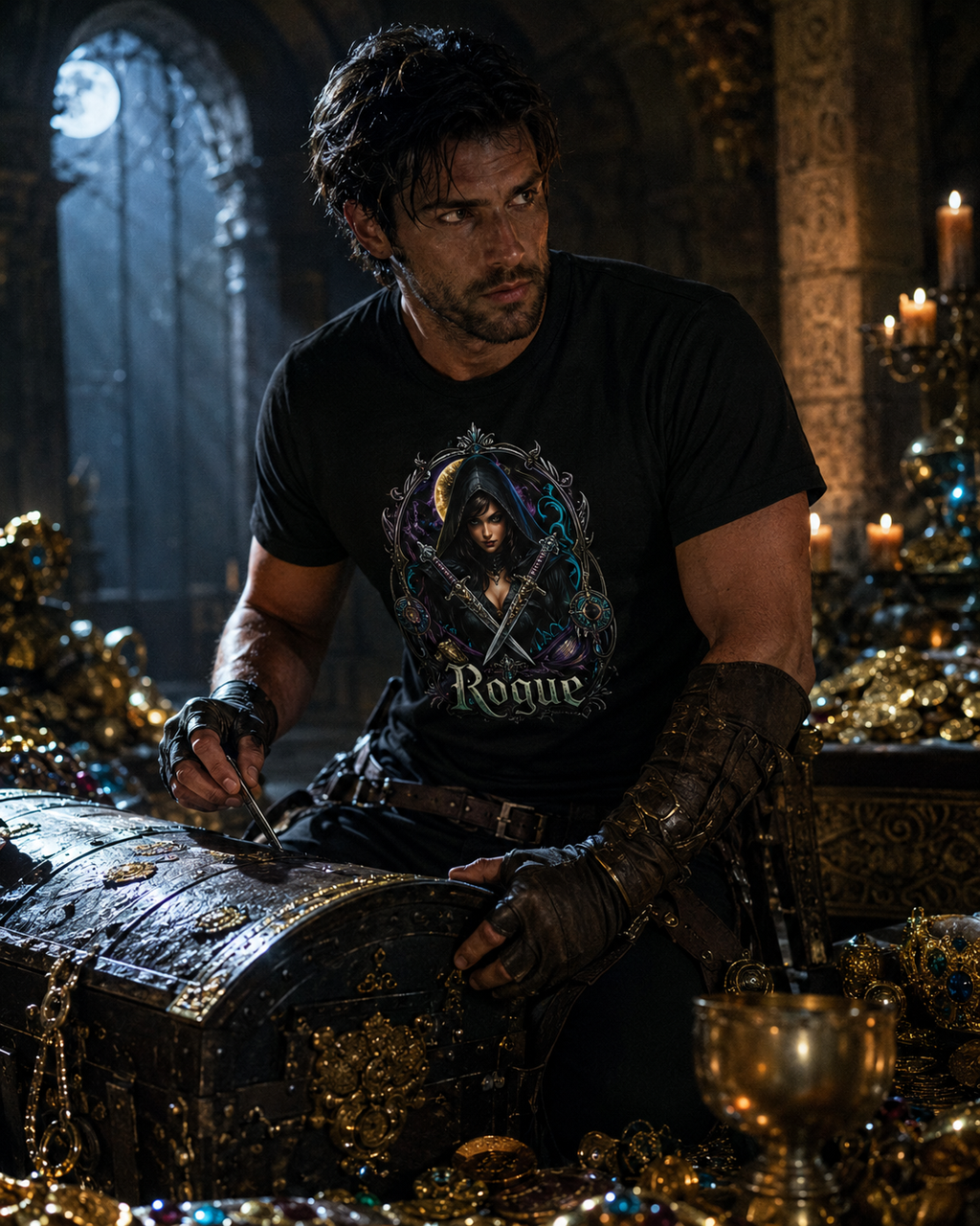 Nerd Enough Rogue heist photoreal scene D&D graphic tee
