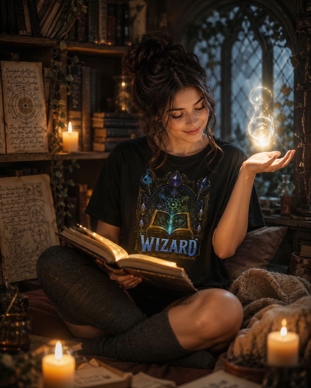 Nerd Enough Wizard girl tower study scene D&D graphic tee